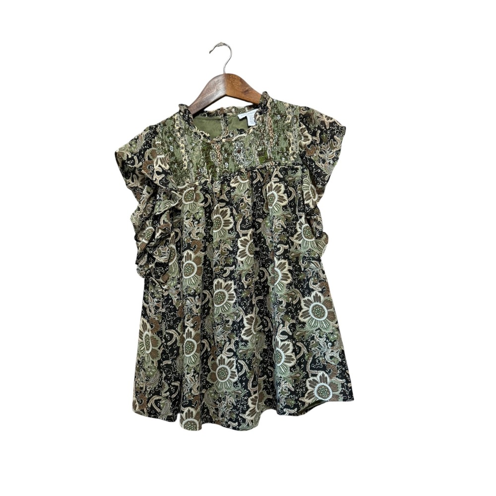 Carolina Belle Blouse Womens Medium Green Black Floral Smocked Ruffle Excellent